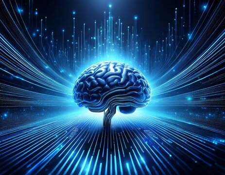 abstract futuristic background with brain in the center surrounded with blue waves of data