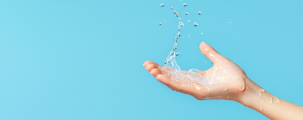 Water Splashing on a Hand Against a Light Blue Background