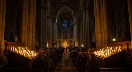 Faithful Gathering in a Cathedral at Night