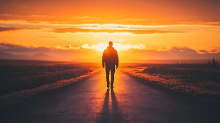 Silhouette of a man at Sunset: A lone figure walks down a path towards the radiant sunset, a metaphor for life's journey, adventure and the pursuit of goals and dreams.