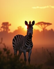 Obraz premium A zebra standing in the middle of a field at sunset