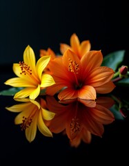 Obraz premium A bunch of orange and yellow flowers on a black surface