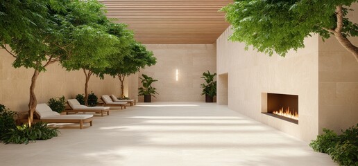 Bright hallway with green trees and lounge sofas