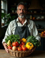 A man in an apron holding a basket of vegetables