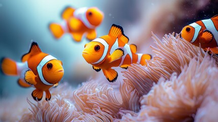 Vibrant clownfish swimming among the anemone in their natural habitat