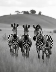Fototapeta premium Three zebras standing in a grassy field with trees in the background