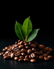 Obraz premium A pile of coffee beans with a green leaf on top