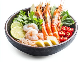 Shrimp Noodle Bowl with Fresh Lime and Herbs on White Background