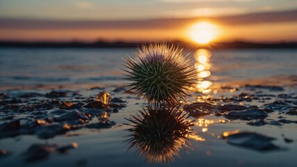 A spiky sea urchin reflects in shallow water at sunset, creating a serene coastal scene.