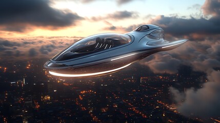 Luxury hover limousine with panoramic windows floating above a bright and vibrant futuristic world 