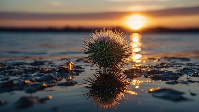 A spiky sea urchin reflects in shallow water at sunset, creating a serene coastal scene.
