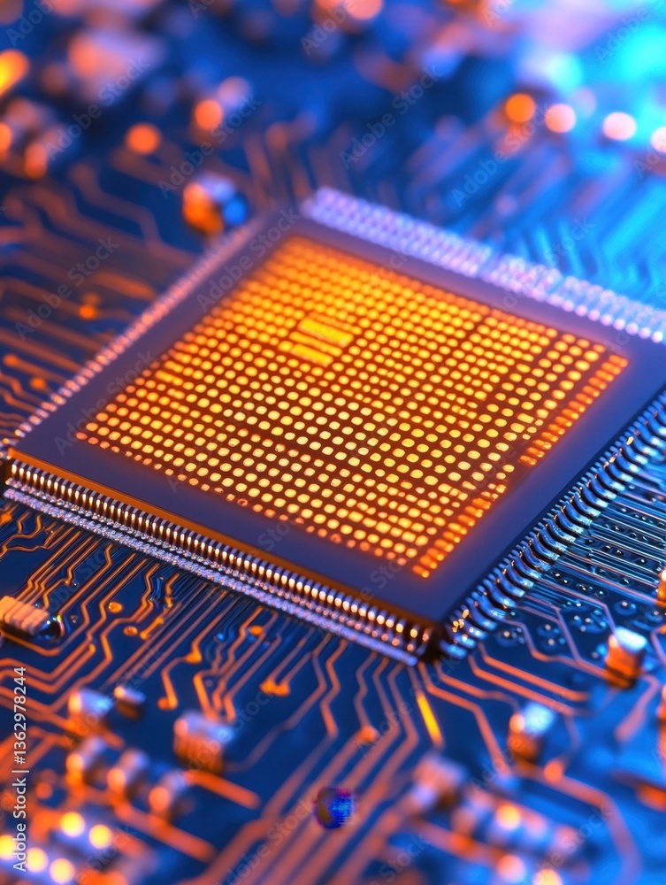 Poster intricate motherboard circuitry illuminated with vivid orange and blue tones emphasizing technologic