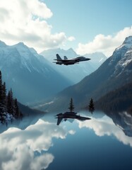 Fototapeta na wymiar A fighter jet flying over a lake with mountains in the background