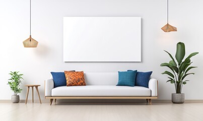 Bright interior with white sofa and blank canvas