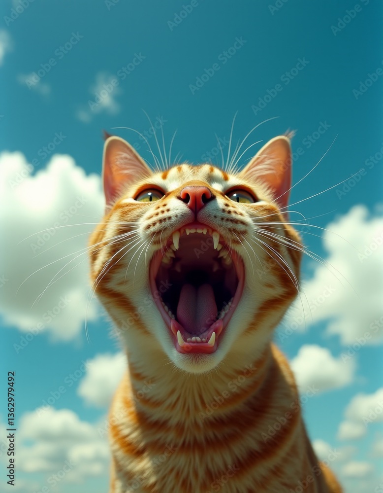 Poster a cat yawning with its mouth open in front of a blue sky