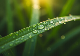 Macro photo of fresh green leaves with glistening morning dew, soft sunlight, bokeh background, hyper-detailed, vibrant colors, nature photography, 8K
