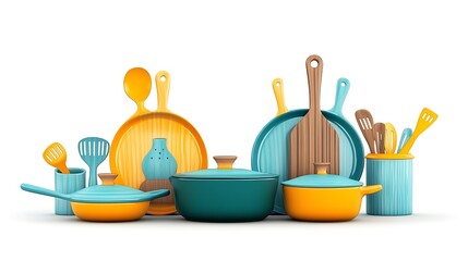 Vibrant Teal and Yellow Cookware Set: A 3D Rendered Kitchen Collection AI Generated