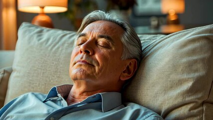 Elderly man resting on sofa at home with eyes closed in peaceful afternoon