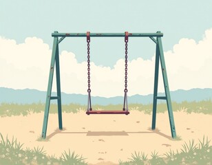 minimalist metal swing set in deserted playground, photorealistic, childhood nostalgia, 4K, copy space, soft focus