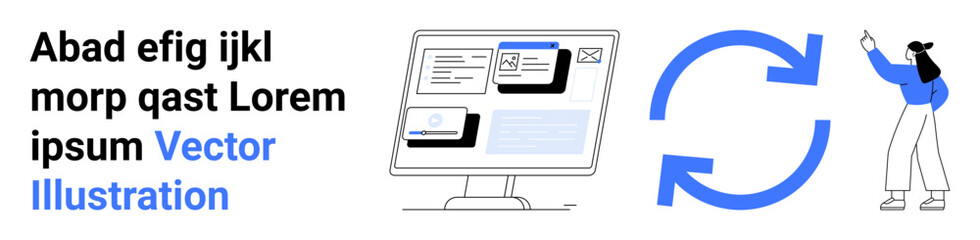 Monitor displaying UI elements, arrows symbolizing synchronization, user holding device. Ideal for technology, data management, UIUX design, digital systems, online services, workflow simple landing