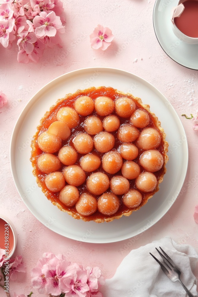 Poster top view of a delightful melon tart on a white plate with pink flowers creating a soft and inviting 
