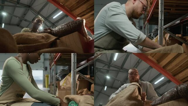 Split screen of two roasters kneeling and digging in large burlap sacks in storage area of coffee roasting plant