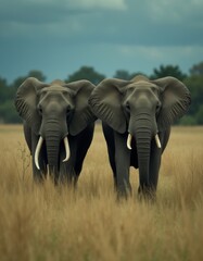Fototapeta premium Two elephants standing in a grassy field under a cloudy sky
