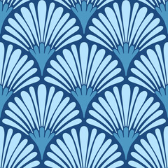 Hand drawn seamless pattern with semi-circular fan shapes abstract flowers in a marine style, scalloped blue background. Ideal for textiles, wallpapers, and interior decor