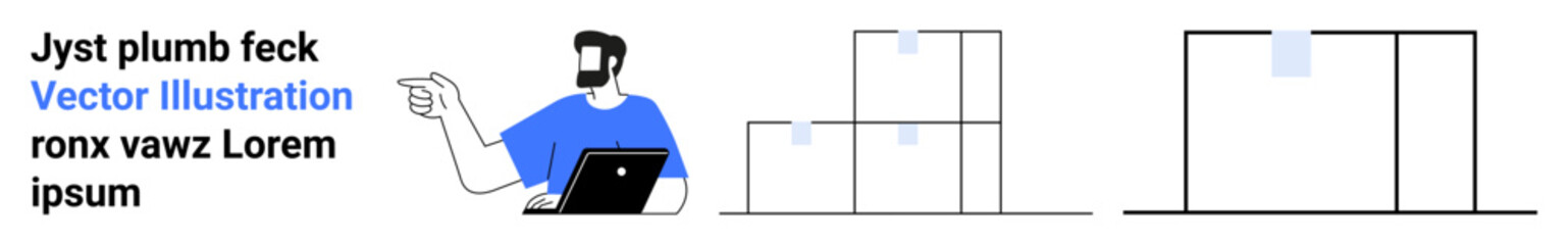Male figure using laptop, pointing at stacked organized boxes with a clean layout. Ideal for productivity, organization, workflow, e-commerce, inventory, management, logistics flat landing page
