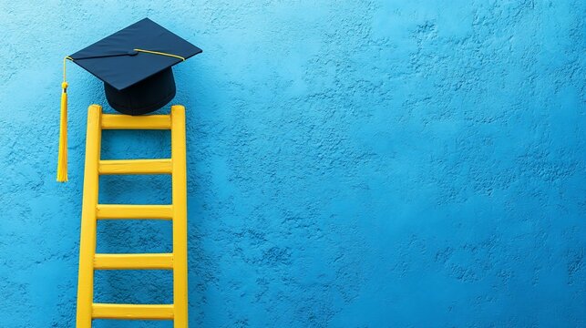 Graduation cap atop yellow ladder against blue wall