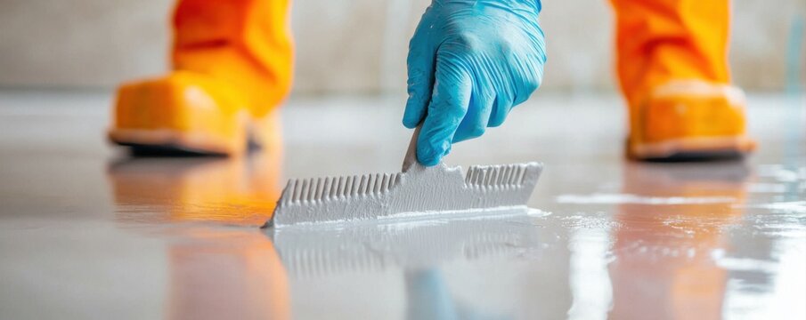 Smoothing epoxy surface industrial workspace closeup process clean environment focused viewpoint