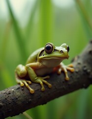 Obraz premium A green frog sitting on a tree branch with a green background