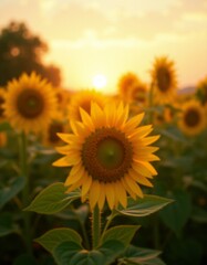Fototapeta premium A field of sunflowers with the sun setting in the background