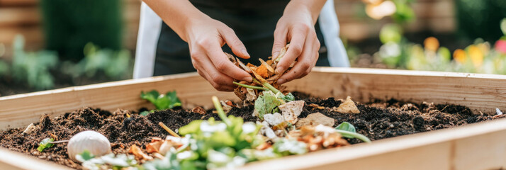 Hands Gardening with composting in vegetable bed showcasing sustainable practices