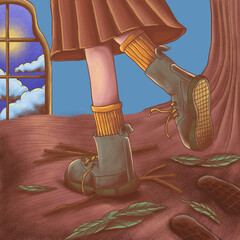 Food step to the sky editorial illustration with boot, window and sky