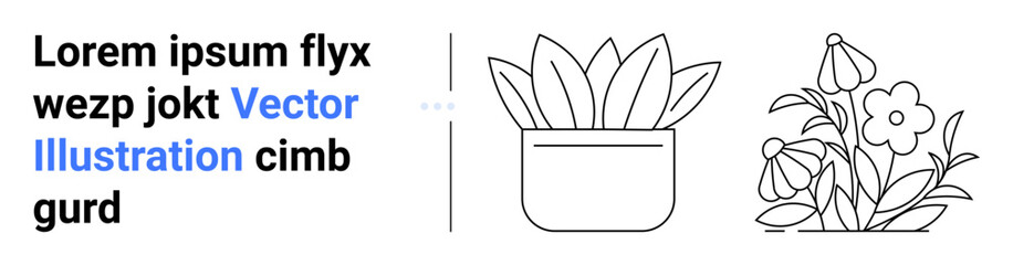 Two black line art illustrations - a potted succulent and blooming flowers - paired with placeholder text. Ideal for botany, nature themes, minimalistic design, branding, gardening, eco-friendly