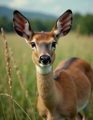 A small antelope standing in a grassy field with mountains in the background