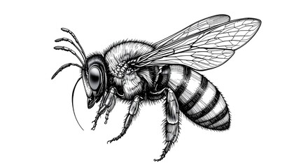 honey bee showcasing its wings, legs, and striped body in a realistic style sketch illustration. Black and white image. 