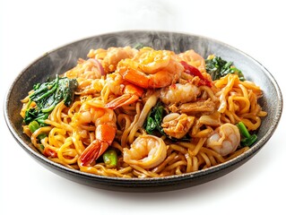 Hot Shrimp Stir Fry Noodle Dish with Vegetables in Dark Bowl