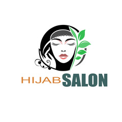 This image is a logo for Hijab Salon, a beauty care center designed for hijabi women. The logo features an elegant and artistic illustration of a woman’s face wearing a hijab. The addition of green le