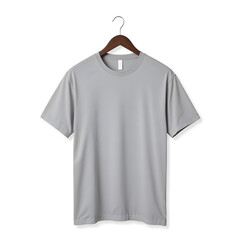 Gray T-Shirt on Wooden Hanger Against White Background