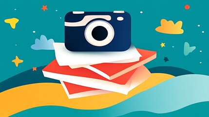 Camera on Stack of Books: Vibrant Digital Illustration AI Generated