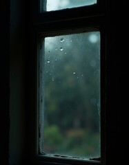 A window with water droplets on it in a dark room