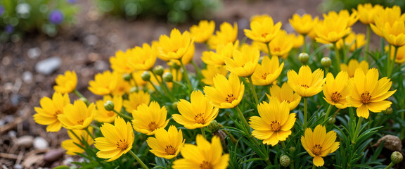 Obraz premium Vibrant buttercups blooming in garden bed, nature's beauty