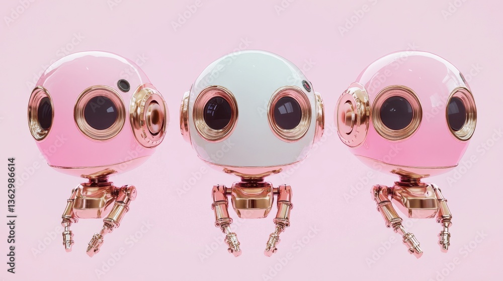 Poster this image features three adorable and colorful robot characters with glossy finishes, set against a