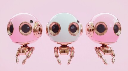 Obraz premium This image features three adorable and colorful robot characters with glossy finishes, set against a soft pink background, evoking whimsy and fun.