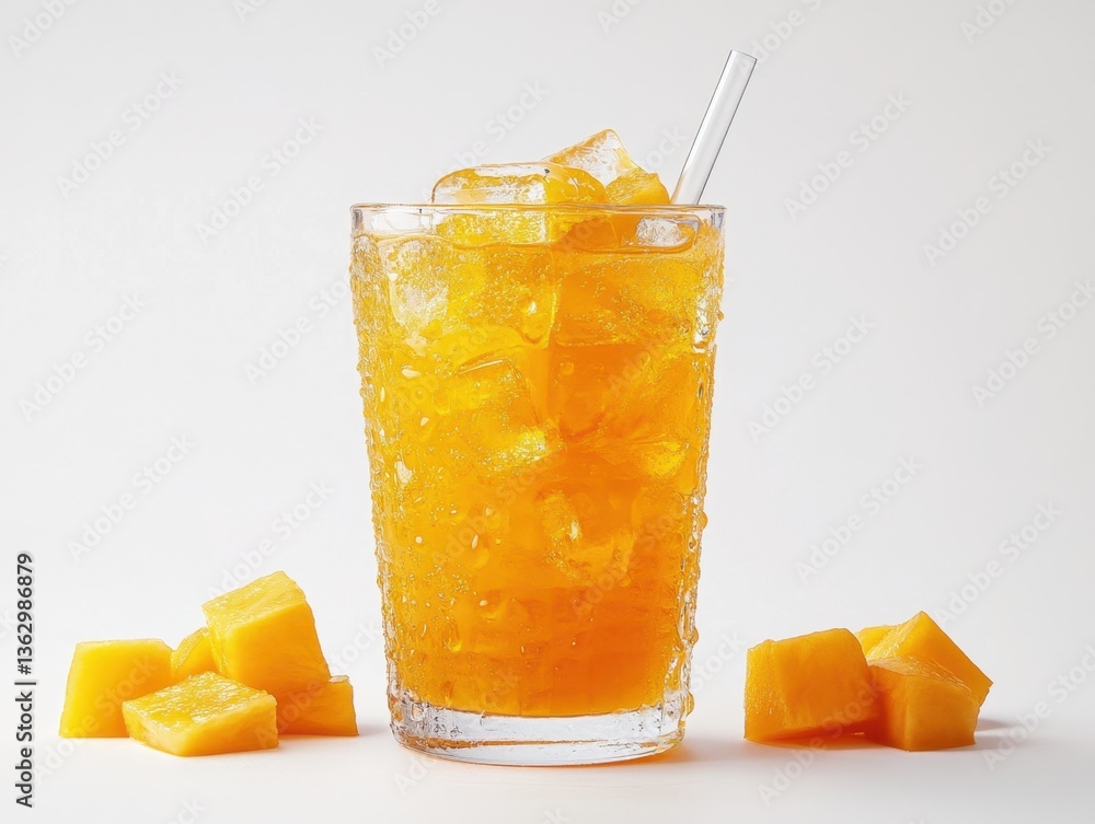 Poster refreshing mango juice with ice cubes in a glass with straw and mango pieces on a white background f