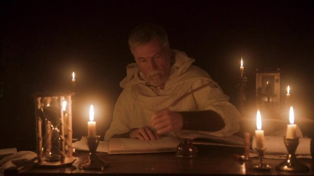 medieval man writing in a large book with a quill pen