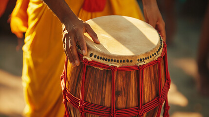 **"Traditional Drum Performance: Close-Up of a Wooden Drum with Red Straps, Played by an Artist in Vibrant Yellow Attire, Capturing the Energy and Culture of Music and Dance"**