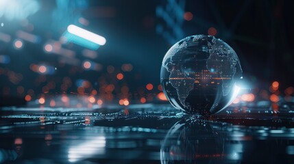 Glowing holographic globe floating on dark background development and technology growth.